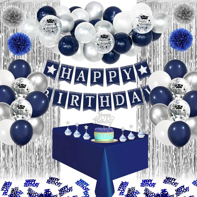 Birthday Decorations Men Navy Blue Silver White Balloon Kit Confetti Helium  Latex Balloons Happy Birthday Banner Paper Pom Pom F - AliExpress